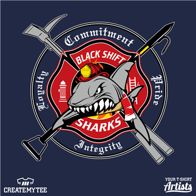 Black Shift Sharks, Firemen, Firefighters, Shark, Tools, Crest, Patch