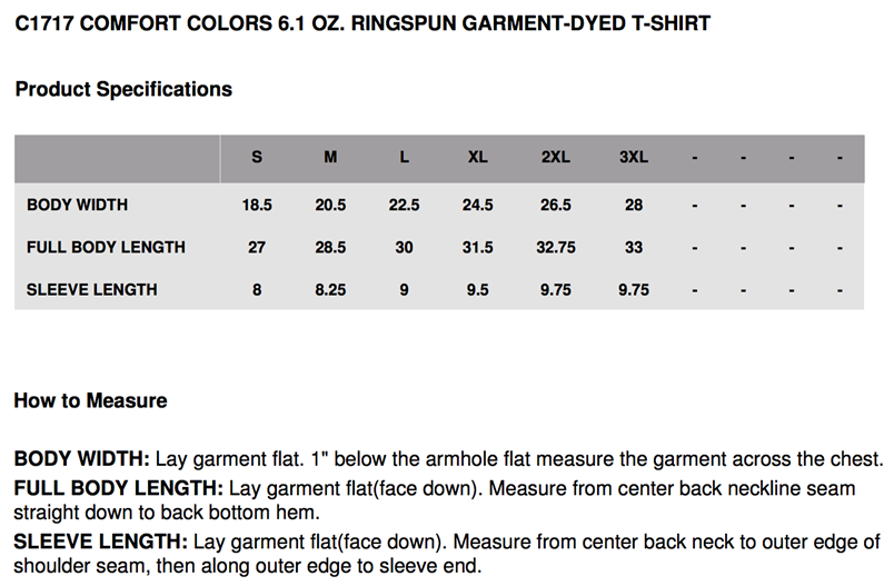 Comfort Colors 1717 Size Chart