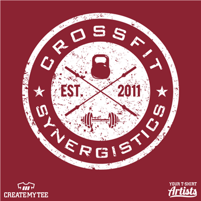 CrossFit Synergistics, Crossfit, Logo, Est 2011, Barbell, Kettlebell, Gym, Fitness, Circle