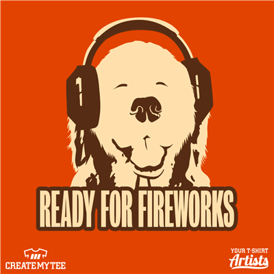 Dog, Headphones, Fireworks