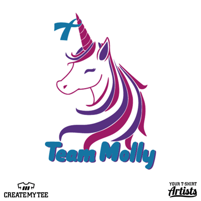 team molly, unicorn, blue ribbon, left chest